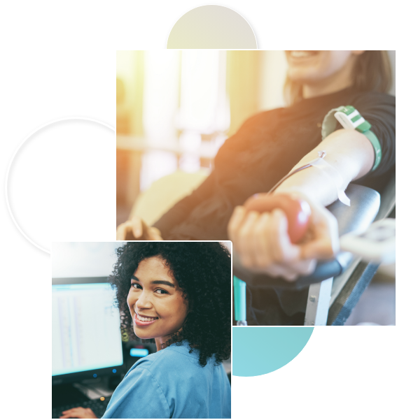 Two images, one woman on a computer the other getting a blood draw.